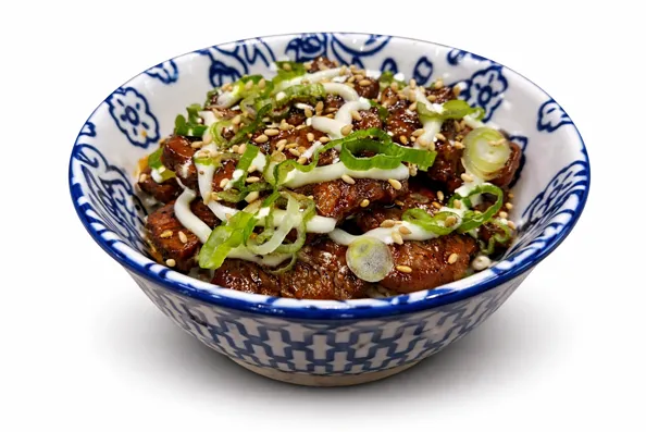 Bowl of meat with green onions and sesame seeds